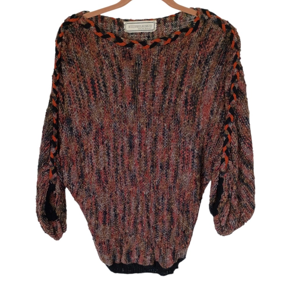 Vintage Stijfselkissie Multi Color Braided Trim Batwing Knit Sweater